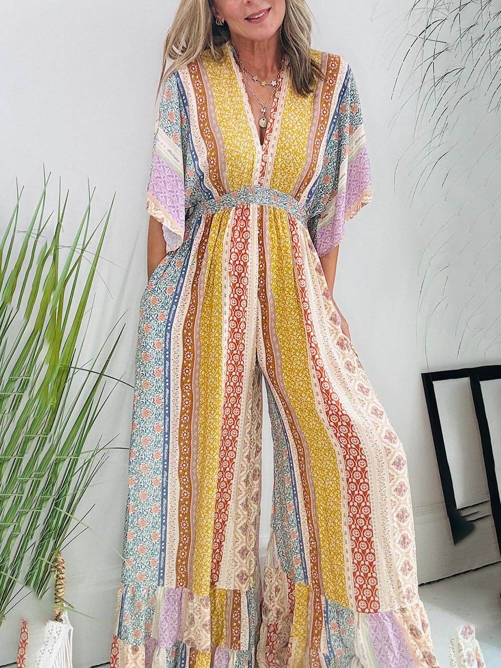 Retro Floral Flare Sleeve Pocketed Loose Wide Leg Jumpsuit